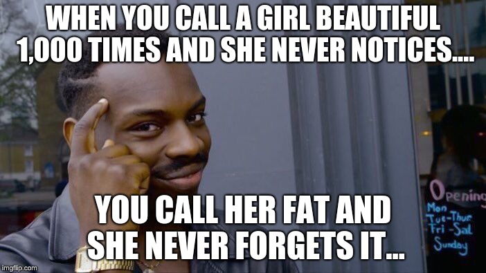 Roll Safe Think About It Meme | WHEN YOU CALL A GIRL BEAUTIFUL 1,000 TIMES AND SHE NEVER NOTICES.... YOU CALL HER FAT AND SHE NEVER FORGETS IT... | image tagged in memes,roll safe think about it | made w/ Imgflip meme maker