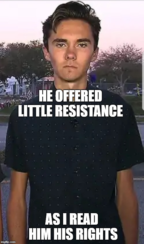 David Hogg | HE OFFERED LITTLE RESISTANCE AS I READ HIM HIS RIGHTS | image tagged in david hogg | made w/ Imgflip meme maker