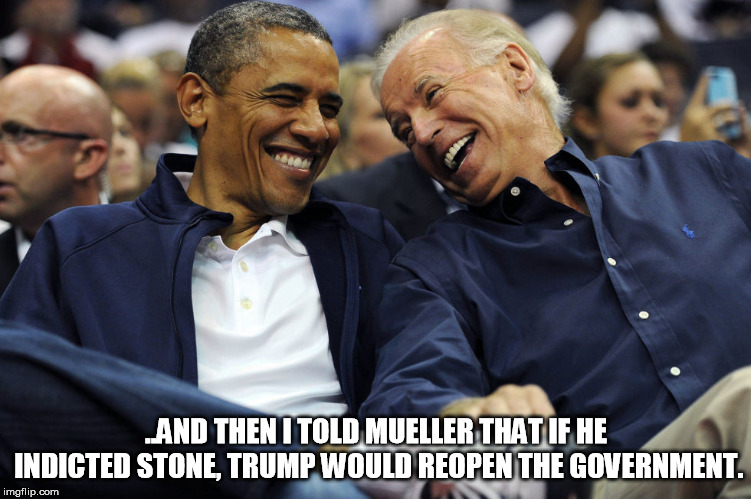 Obama And Biden  | ..AND THEN I TOLD MUELLER THAT IF HE INDICTED STONE, TRUMP WOULD REOPEN THE GOVERNMENT. | image tagged in obama and biden | made w/ Imgflip meme maker