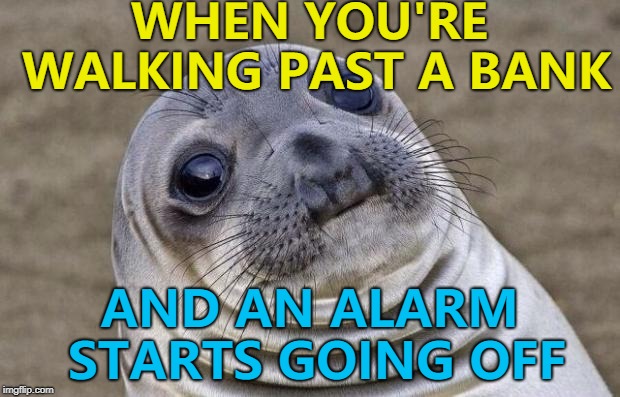 No robbers were spotted... :) | WHEN YOU'RE WALKING PAST A BANK; AND AN ALARM STARTS GOING OFF | image tagged in memes,awkward moment sealion,bank robber,crime | made w/ Imgflip meme maker