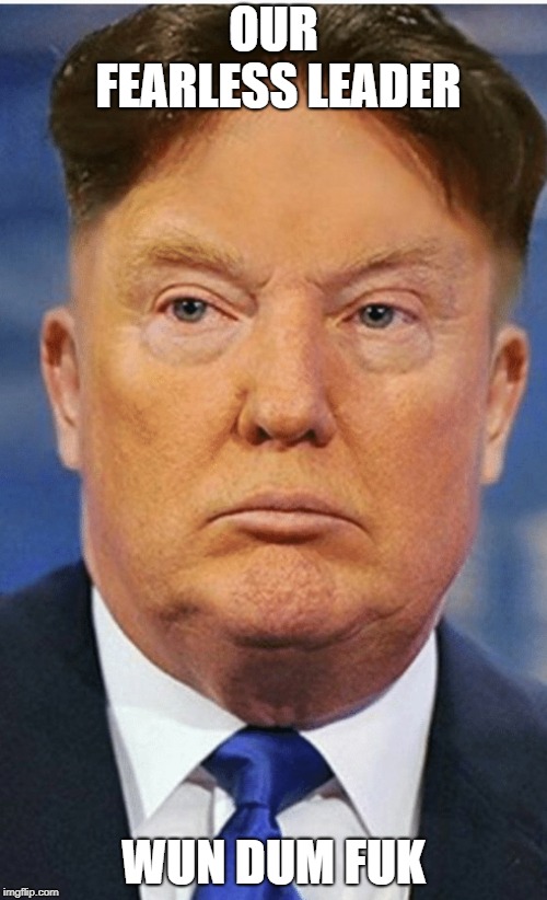Trump Kim Jung  | OUR FEARLESS LEADER; WUN DUM FUK | image tagged in trump kim jung | made w/ Imgflip meme maker