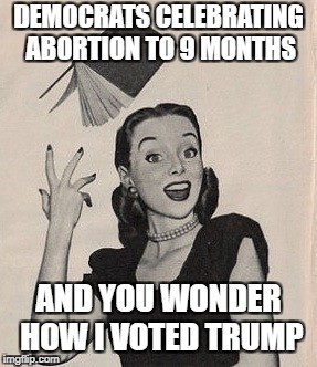Throwing book vintage woman | DEMOCRATS CELEBRATING ABORTION TO 9 MONTHS; AND YOU WONDER HOW I VOTED TRUMP | image tagged in throwing book vintage woman | made w/ Imgflip meme maker
