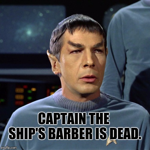 Bad Haircut Spock | CAPTAIN THE SHIP'S BARBER IS DEAD. | image tagged in spock,mr spock,star trek | made w/ Imgflip meme maker