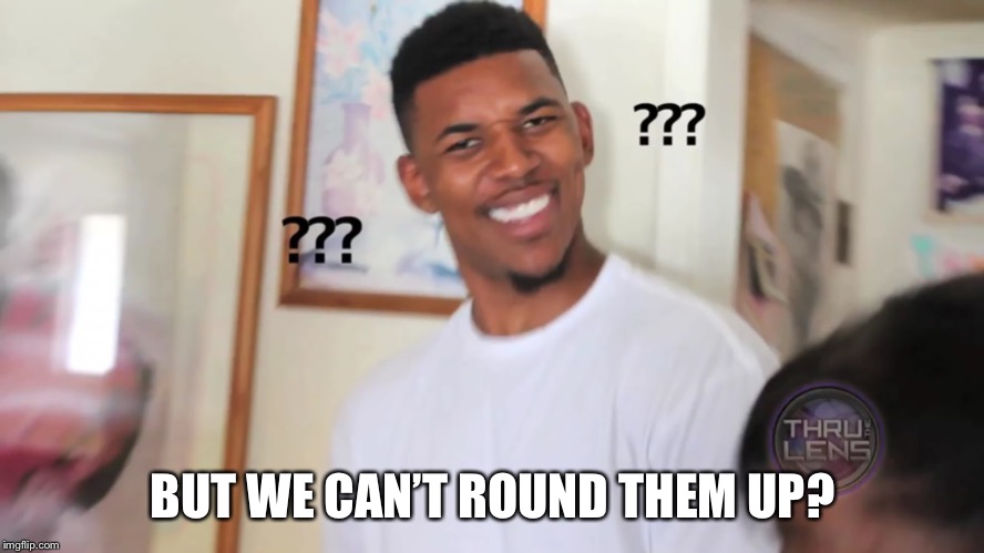 black guy question mark | BUT WE CAN’T ROUND THEM UP? | image tagged in black guy question mark | made w/ Imgflip meme maker