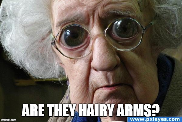 Short-sighted old lady  | ARE THEY HAIRY ARMS? | image tagged in short-sighted old lady | made w/ Imgflip meme maker