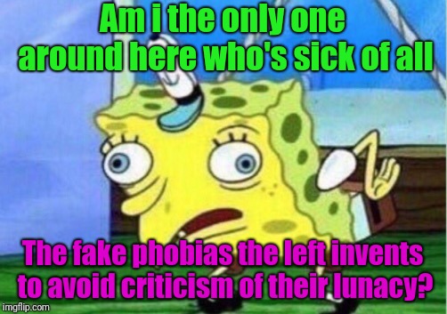 Guess that makes me a phobiaphobe | Am i the only one around here who's sick of all; The fake phobias the left invents to avoid criticism of their lunacy? | image tagged in memes,mocking spongebob | made w/ Imgflip meme maker