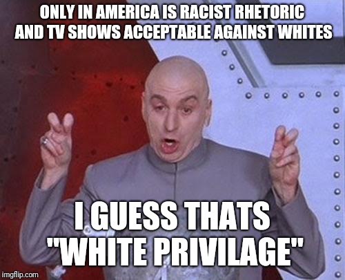 Dr Evil Laser | ONLY IN AMERICA IS RACIST RHETORIC AND TV SHOWS ACCEPTABLE AGAINST WHITES; I GUESS THATS "WHITE PRIVILAGE" | image tagged in memes,dr evil laser | made w/ Imgflip meme maker