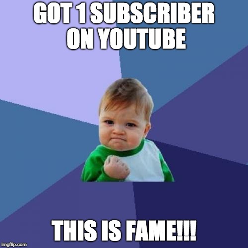 Success Kid | GOT 1 SUBSCRIBER ON YOUTUBE; THIS IS FAME!!! | image tagged in memes,success kid | made w/ Imgflip meme maker