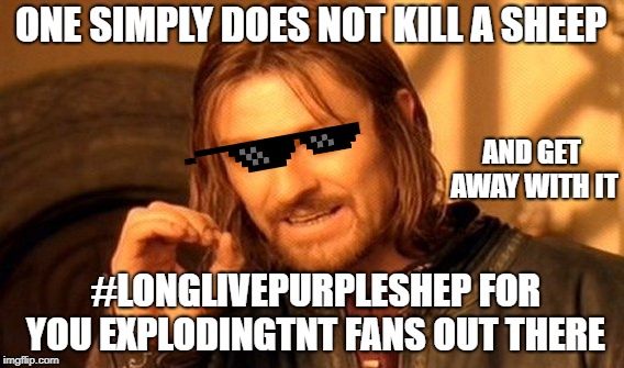 One Does Not Simply | ONE SIMPLY DOES NOT KILL A SHEEP; AND GET AWAY WITH IT; #LONGLIVEPURPLESHEP FOR YOU EXPLODINGTNT FANS OUT THERE | image tagged in memes,one does not simply | made w/ Imgflip meme maker