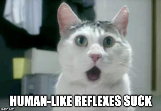OMG Cat Meme | HUMAN-LIKE REFLEXES SUCK | image tagged in memes,omg cat | made w/ Imgflip meme maker