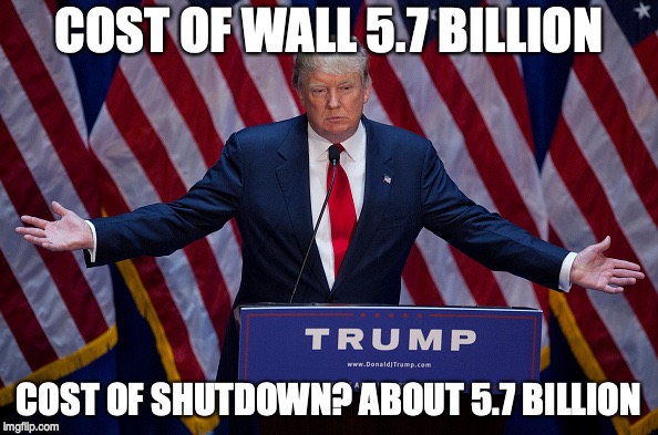 Donald Trump | COST OF WALL 5.7 BILLION; COST OF SHUTDOWN? ABOUT 5.7 BILLION | image tagged in donald trump | made w/ Imgflip meme maker