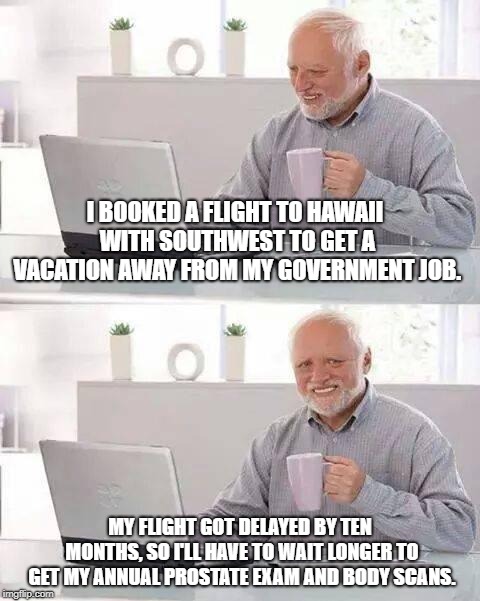 TSA prostate exams are delayed | I BOOKED A FLIGHT TO HAWAII WITH SOUTHWEST TO GET A VACATION AWAY FROM MY GOVERNMENT JOB. MY FLIGHT GOT DELAYED BY TEN MONTHS, SO I'LL HAVE TO WAIT LONGER TO GET MY ANNUAL PROSTATE EXAM AND BODY SCANS. | image tagged in memes,hide the pain harold,government shutdown,tsa,job,healthcare | made w/ Imgflip meme maker