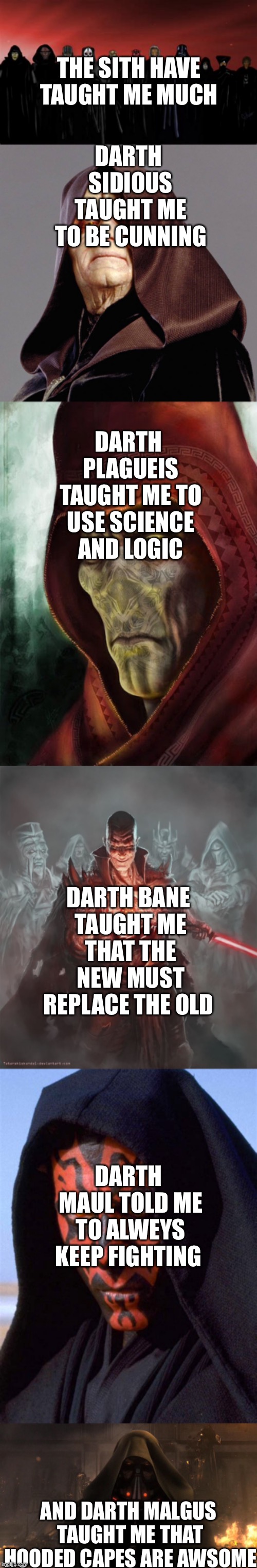 DARTH SIDIOUS TAUGHT ME TO BE CUNNING; THE SITH HAVE TAUGHT ME MUCH; DARTH PLAGUEIS TAUGHT ME TO USE SCIENCE AND LOGIC; DARTH BANE TAUGHT ME THAT THE NEW MUST REPLACE THE OLD; DARTH MAUL TOLD ME TO ALWEYS KEEP FIGHTING; AND DARTH MALGUS TAUGHT ME THAT HOODED CAPES ARE AWSOME | made w/ Imgflip meme maker