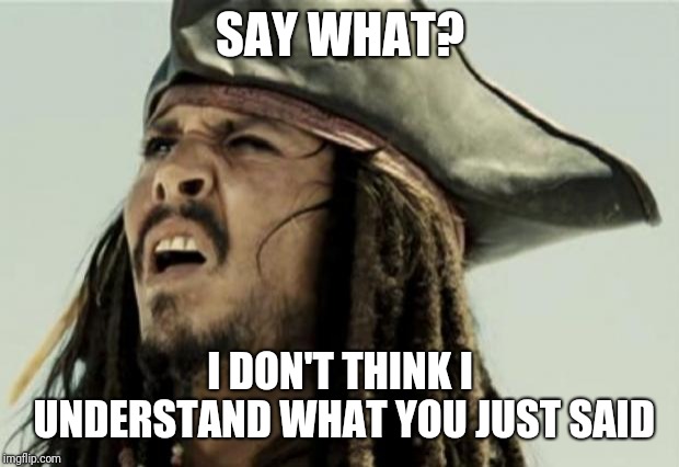 confused dafuq jack sparrow what | SAY WHAT? I DON'T THINK I UNDERSTAND WHAT YOU JUST SAID | image tagged in confused dafuq jack sparrow what | made w/ Imgflip meme maker