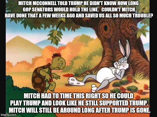 MITCH MCCONNELL TOLD TRUMP HE DIDN'T KNOW HOW LONG GOP SENATORS WOULD HOLD THE LINE.   COULDN'T MITCH HAVE DONE THAT A FEW WEEKS AGO AND SAVED US ALL SO MUCH TROUBLE? MITCH HAD TO TIME THIS RIGHT SO HE COULD PLAY TRUMP AND LOOK LIKE HE STILL SUPPORTED TRUMP.  MITCH WILL STILL BE AROUND LONG AFTER TRUMP IS GONE. | image tagged in mcconnell slips past trump | made w/ Imgflip meme maker