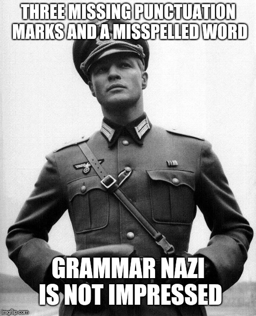 THREE MISSING PUNCTUATION MARKS AND A MISSPELLED WORD GRAMMAR NAZI IS NOT IMPRESSED | made w/ Imgflip meme maker