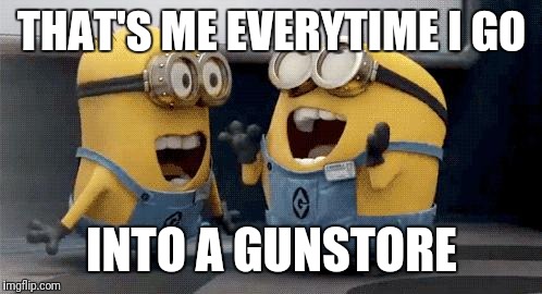 Excited Minions Meme | THAT'S ME EVERYTIME I GO INTO A GUNSTORE | image tagged in memes,excited minions | made w/ Imgflip meme maker