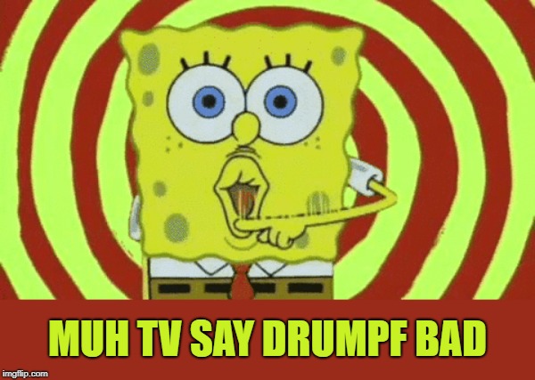 New Spongebob Template | MUH TV SAY DRUMPF BAD | image tagged in spongebob hypnotized,spongebob template,hypnotized,brainwashed,crazy | made w/ Imgflip meme maker