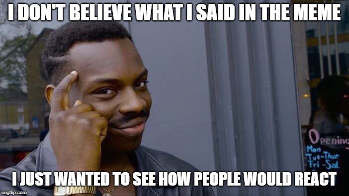 Roll Safe Think About It Meme | I DON'T BELIEVE WHAT I SAID IN THE MEME I JUST WANTED TO SEE HOW PEOPLE WOULD REACT | image tagged in memes,roll safe think about it | made w/ Imgflip meme maker