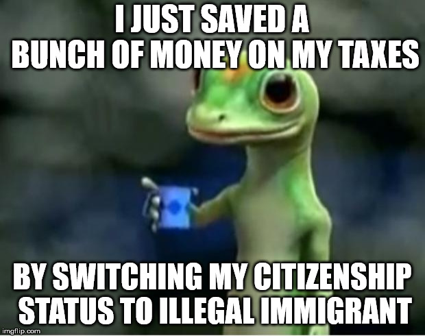 Geico Gecko | I JUST SAVED A BUNCH OF MONEY ON MY TAXES; BY SWITCHING MY CITIZENSHIP STATUS TO ILLEGAL IMMIGRANT | image tagged in geico gecko | made w/ Imgflip meme maker