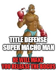 Release The Bogus | TITLE DEFENSE SUPER MACHO MAN; HE WILL MAKE YOU RELEASE THE BOGUS | image tagged in funny,memes,super macho man,punch out | made w/ Imgflip meme maker