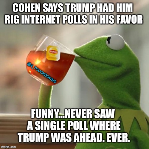 Hmmmm.... | COHEN SAYS TRUMP HAD HIM RIG INTERNET POLLS IN HIS FAVOR; @4_TOUCHDOWNS; FUNNY...NEVER SAW A SINGLE POLL WHERE TRUMP WAS AHEAD. EVER. | image tagged in memes,but thats none of my business,kermit the frog,trump,michael cohen,fake news | made w/ Imgflip meme maker