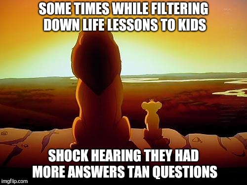 lionking | SOME TIMES WHILE FILTERING DOWN LIFE LESSONS TO KIDS; SHOCK HEARING THEY HAD MORE ANSWERS TAN QUESTIONS | image tagged in lionking | made w/ Imgflip meme maker