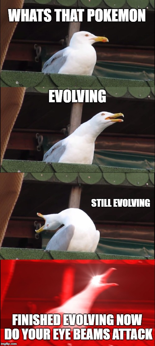Inhaling Seagull | WHATS THAT POKEMON; EVOLVING; STILL EVOLVING; FINISHED EVOLVING NOW DO YOUR EYE BEAMS ATTACK | image tagged in memes,inhaling seagull | made w/ Imgflip meme maker