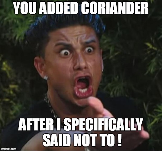 DJ Pauly D | YOU ADDED CORIANDER; AFTER I SPECIFICALLY SAID NOT TO ! | image tagged in memes,dj pauly d | made w/ Imgflip meme maker