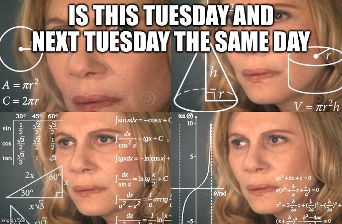 Math Lady |  IS THIS TUESDAY AND NEXT TUESDAY THE SAME DAY | image tagged in math lady | made w/ Imgflip meme maker