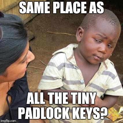 Third World Skeptical Kid Meme | SAME PLACE AS ALL THE TINY PADLOCK KEYS? | image tagged in memes,third world skeptical kid | made w/ Imgflip meme maker