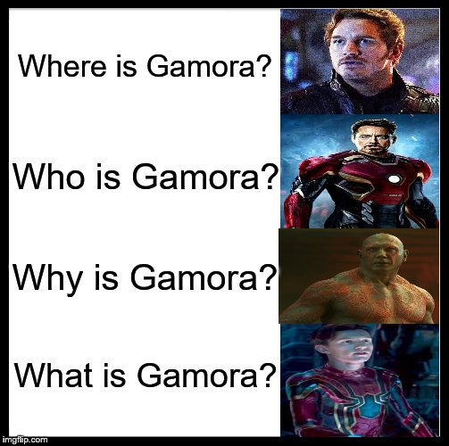 What Is Gamora? | Where is Gamora? Who is Gamora? Why is Gamora? What is Gamora? | image tagged in memes,marvel,where is gamora,avengers,avengers infinity war | made w/ Imgflip meme maker