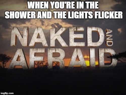 objective: survive | WHEN YOU'RE IN THE SHOWER AND THE LIGHTS FLICKER | image tagged in naked and afraid,memes,shower,shower thoughts | made w/ Imgflip meme maker