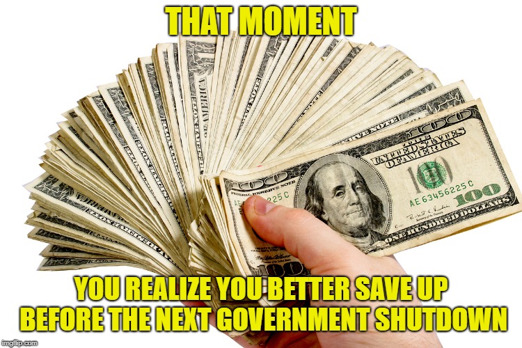 money stacks muricans be like | THAT MOMENT; YOU REALIZE YOU BETTER SAVE UP BEFORE THE NEXT GOVERNMENT SHUTDOWN | image tagged in money stacks muricans be like | made w/ Imgflip meme maker