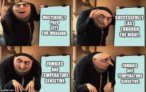 Gru's Plan Meme | MASTERFULLY PREP CITY FOR INVASION. SUCCESSFULLY LAST THROUGH THE NIGHT. ZOMBIES ARE TEMPERATURE SENSITIVE. ZOMBIES ARE TEMPERATURE SENSITIVE. | image tagged in gru's plan | made w/ Imgflip meme maker
