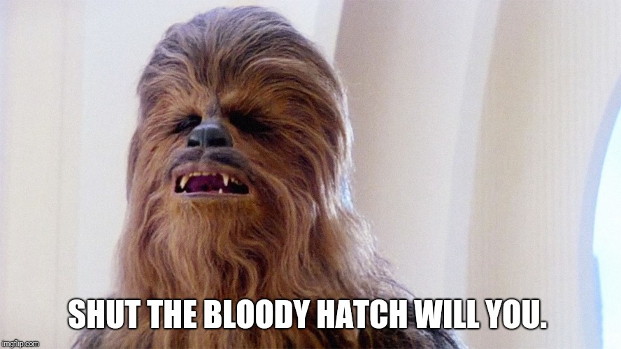 Chewbacca | SHUT THE BLOODY HATCH WILL YOU. | image tagged in chewbacca | made w/ Imgflip meme maker