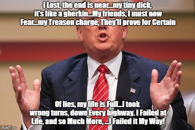 Donald Trump Huge | I Lost, the end is near...my tiny dick, it's like a gherkin...My friends, I must now Fear...my Treason charge, They'll prove for Certain; Of lies, my life is Full...I took wrong turns, down Every highway. I Failed at Life, and so Much More, ...I Failed it My Way! | image tagged in donald trump huge | made w/ Imgflip meme maker