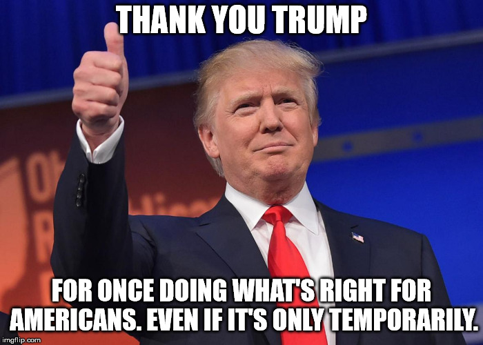 donald trump | THANK YOU TRUMP; FOR ONCE DOING WHAT'S RIGHT FOR AMERICANS. EVEN IF IT'S ONLY TEMPORARILY. | image tagged in donald trump | made w/ Imgflip meme maker