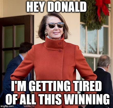 Nancy the Conqueror | HEY DONALD; I'M GETTING TIRED OF ALL THIS WINNING | image tagged in politics,trump,government shutdown | made w/ Imgflip meme maker