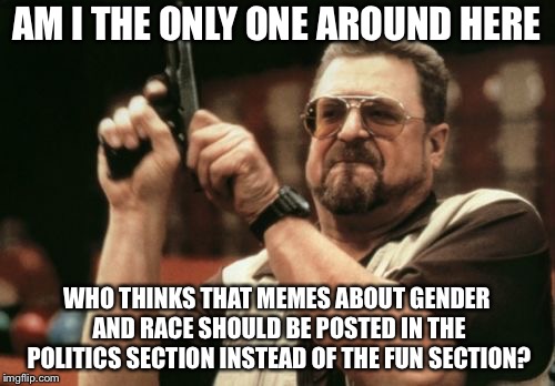If you're going to make those types of memes, please don't post them in the fun section. | AM I THE ONLY ONE AROUND HERE; WHO THINKS THAT MEMES ABOUT GENDER AND RACE SHOULD BE POSTED IN THE POLITICS SECTION INSTEAD OF THE FUN SECTION? | image tagged in memes,am i the only one around here | made w/ Imgflip meme maker