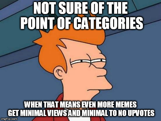 Yeah I don't get it either. | NOT SURE OF THE POINT OF CATEGORIES; WHEN THAT MEANS EVEN MORE MEMES GET MINIMAL VIEWS AND MINIMAL TO NO UPVOTES | image tagged in memes,futurama fry,imgflip,imgflip community | made w/ Imgflip meme maker