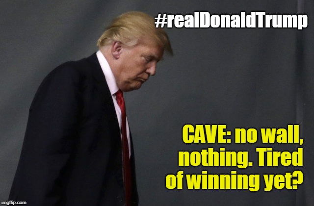 good to get people back to work | #realDonaldTrump; CAVE: no wall, nothing.
Tired of winning yet? | image tagged in sad trump,trump,donald trump,winning,cave | made w/ Imgflip meme maker