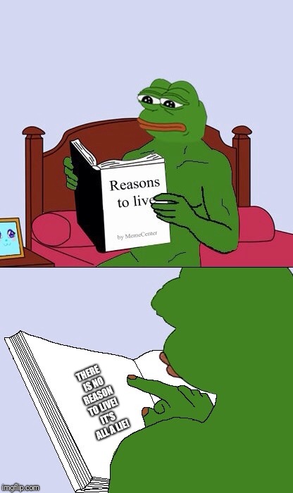 This is me. I don't wanna be around here anymore. | THERE IS NO REASON TO LIVE! IT'S ALL A LIE! | image tagged in blank pepe reasons to live,i want to die,i hate my life,life will be a better place without me | made w/ Imgflip meme maker