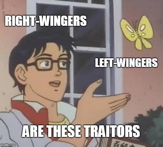 Is This A Pigeon Meme | RIGHT-WINGERS; LEFT-WINGERS; ARE THESE TRAITORS | image tagged in memes,is this a pigeon,right wing,right-wing,left wing,left-wing | made w/ Imgflip meme maker