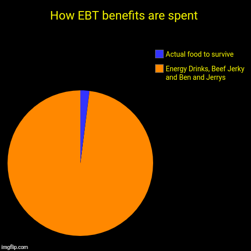 Welfare Truth Volume 1 | How EBT benefits are spent | Energy Drinks, Beef Jerky and Ben and Jerrys, Actual food to survive | image tagged in funny,pie charts,welfare,politics | made w/ Imgflip chart maker