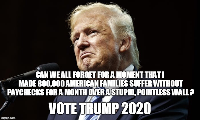 CAN WE ALL FORGET FOR A MOMENT THAT I MADE 800,000 AMERICAN FAMILIES SUFFER WITHOUT PAYCHECKS FOR A MONTH OVER A STUPID, POINTLESS WALL ? VOTE TRUMP 2020 | image tagged in trump,government shutdown | made w/ Imgflip meme maker