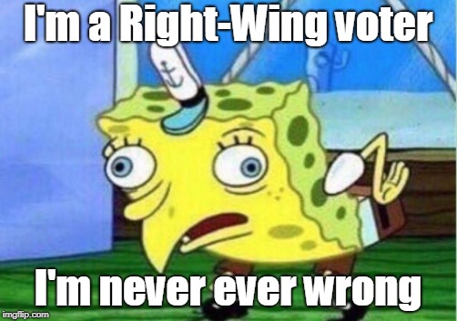 Mocking Spongebob | I'm a Right-Wing voter; I'm never ever wrong | image tagged in memes,mocking spongebob,right wing,right-wing,rightism,rightist | made w/ Imgflip meme maker
