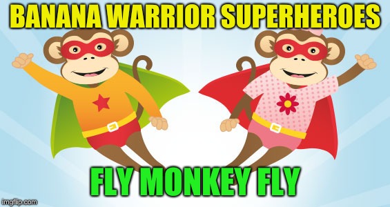 monkey superhero | BANANA WARRIOR SUPERHEROES; FLY MONKEY FLY | image tagged in monkey,superhero | made w/ Imgflip meme maker