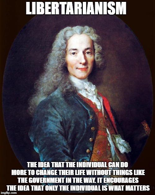 voltaire | LIBERTARIANISM; THE IDEA THAT THE INDIVIDUAL CAN DO MORE TO CHANGE THEIR LIFE WITHOUT THINGS LIKE THE GOVERNMENT IN THE WAY. IT ENCOURAGES THE IDEA THAT ONLY THE INDIVIDUAL IS WHAT MATTERS | image tagged in voltaire,memes,politics,libertarian,political meme | made w/ Imgflip meme maker