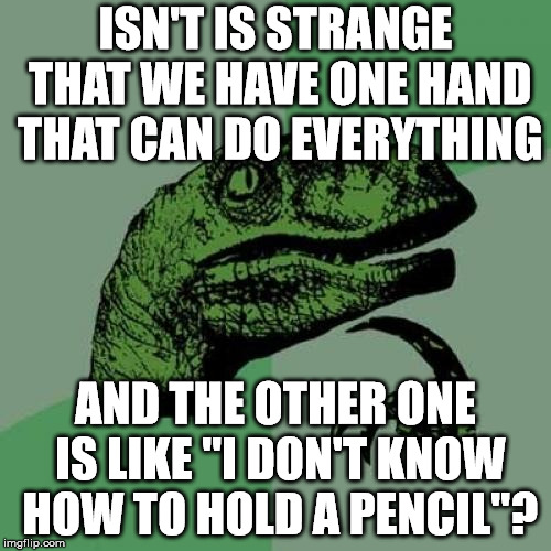 Philosoraptor | ISN'T IS STRANGE THAT WE HAVE ONE HAND THAT CAN DO EVERYTHING; AND THE OTHER ONE IS LIKE "I DON'T KNOW HOW TO HOLD A PENCIL"? | image tagged in memes,philosoraptor | made w/ Imgflip meme maker
